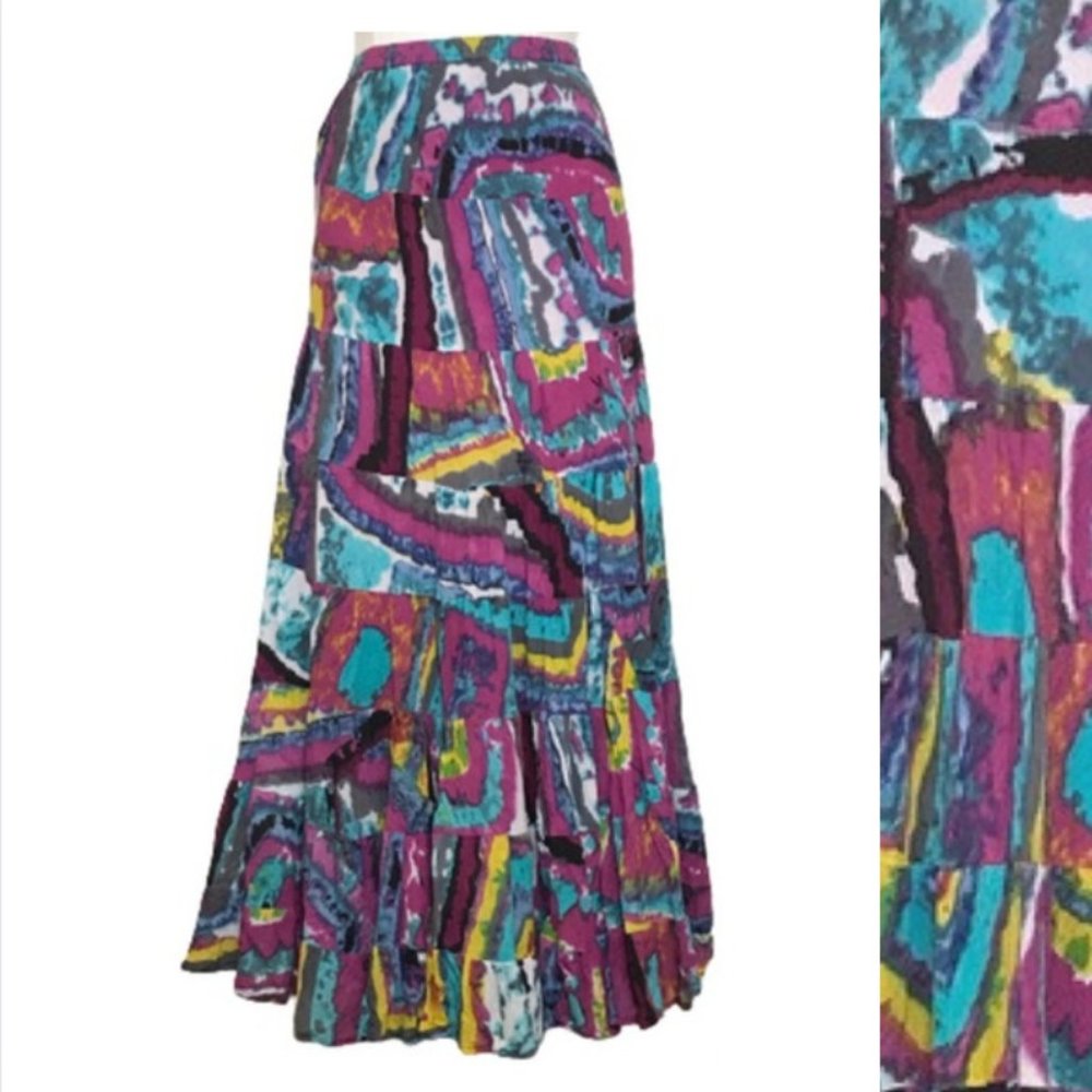 NY COLLECTION Multicolor 100% Cotton Tie Dye Ruffle Maxi Skirt